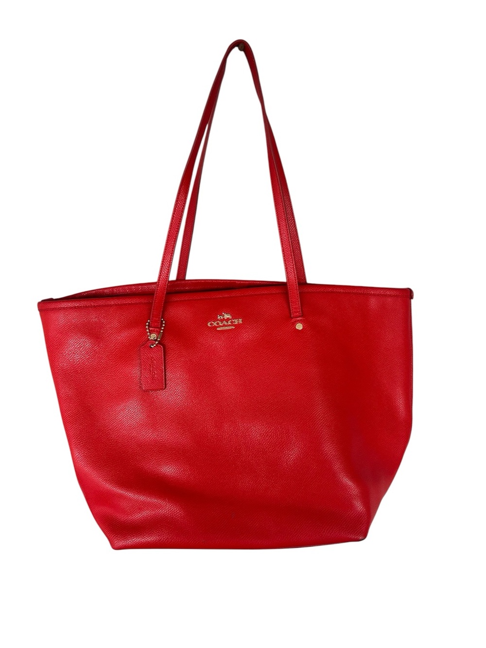 Coach Vibrant Red Pebbled Leather Tote Bag Gold Hardware Women’s Doble Handles - Picture 3 of 9